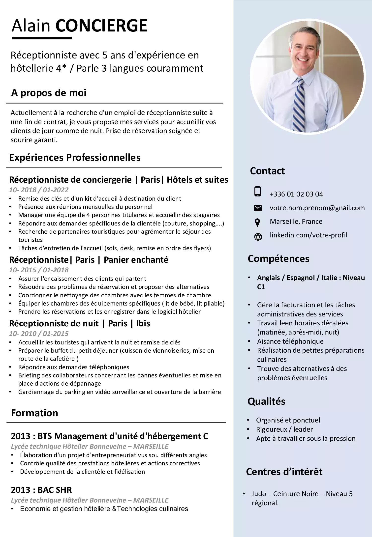 Exemple de CV Réceptionniste GRATUIT